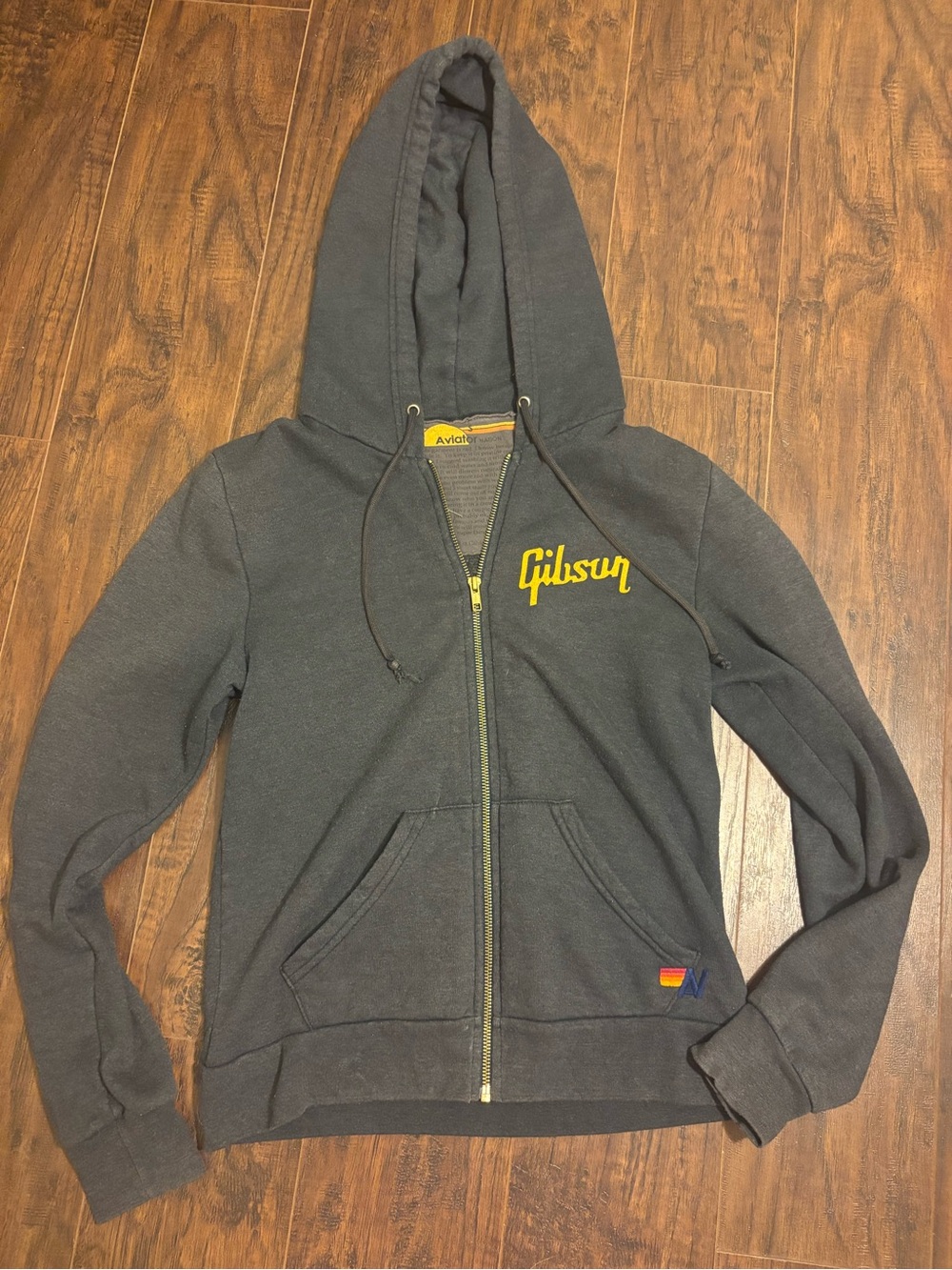 Aviator Nation Charcoal Gray Zip Hoodie w/ Yellow Gibson Logo & hummingbird S